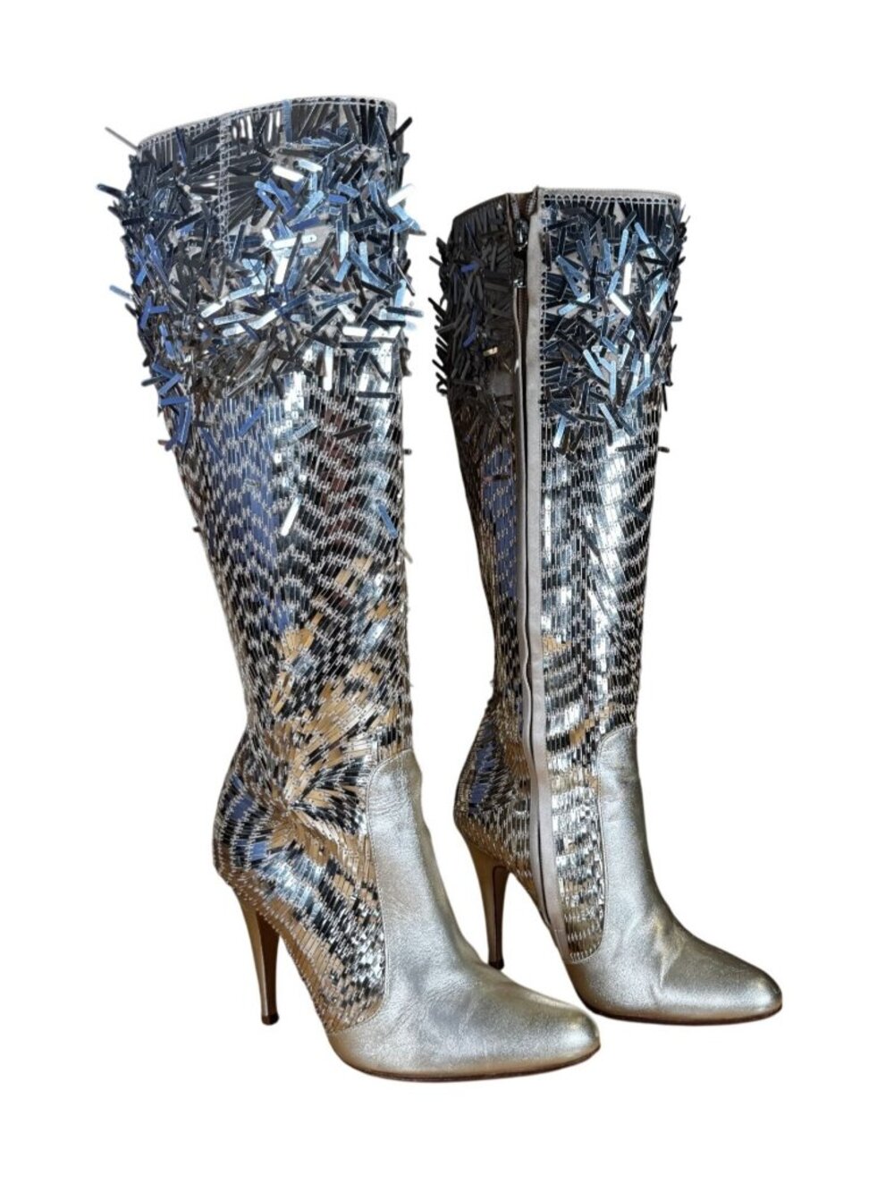 Rene Caovilla Glitter Sequin Metallic Gold Knee High Boots Size EU 37